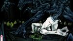alien alien_(franchise) aliens_infestation alternative_fashion anal anal_penetration big_penis black_body bodily_fluids butt claws cum cum_inside digital_media_(artwork) duo erection eviltqf eyeless female female/female forced genital_fluids genitals goth hi_res huge_penis humanoid intersex intersex/male male muscular muscular_female nude pale_skin penetration penile penis rape sex size_difference teeth thick_thighs xenomorph xenomorph_queen zoe_kennedy