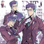  16personalities 1boy architect_(16personalities) beard_stubble blue_eyes closed_mouth cloumello commentary facial_hair gloves hair_slicked_back hand_up highres jacket long_sleeves looking_at_viewer male_focus multiple_views myers-briggs_type_indicator necktie purple_hair purple_jacket purple_necktie purple_theme red_vest short_hair small_sweatdrop stubble vest white_gloves 
