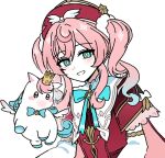  1girl aqua_bow aqua_bowtie aqua_eyes aqua_hair beret bow bowtie crown drill_hair gradient_hair grin hat honkai:_star_rail honkai_(series) hyacine_(honkai:_star_rail) jacket light_blush little_ica_(honkai:_star_rail) lix_(iroiro3843) looking_at_viewer medium_hair mini_crown multicolored_hair pink_hair red_hat red_jacket sidelocks simple_background smile solo twin_drills twintails upper_body white_background 