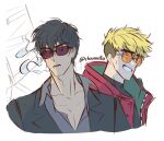  2boys artist_name black_hair black_jacket blonde_hair blue_eyes cigarette cloumello collarbone cropped_torso grey_shirt grin highres jacket looking_at_viewer male_focus mouth_hold multiple_boys nicholas_d._wolfwood red_jacket shirt short_hair sketch small_sweatdrop smile smoke smoke_trail smoking sunglasses teeth_hold trigun vash_the_stampede white_background 