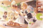  4girls absurdres ahoge animal_ears antenna_hair apron arm_up artist_name black_dress blonde_hair blue_bow blue_eyes blurry bow bowtie bread_bun breasts brown_hair cake ceiling_light cherry cleavage clenched_hands closed_mouth collared_shirt croissant cup dark-skinned_female dark_skin depth_of_field detached_collar dog doki_amber_doge_(dokibird) dokibird dragoon_(dokibird) dress english_commentary fang feather_hair ferret_ears ferret_girl flower food food_on_face frilled_apron frills fruit gradient_hair green_bow green_bowtie green_eyes green_hair hair_between_eyes hair_bow hair_flower hair_intakes hair_ornament hair_ribbon hands_up hanging_plant highres holding holding_food holding_tray indie_virtual_youtuber indoors laimu_(vtuber) light_blush limon_(laimu) looking_at_another looking_at_food looking_at_viewer maid maid_apron maid_headdress mint_fantome multicolored_hair multiple_girls name_tag neckerchief official_alternate_costume one_eye_closed open_mouth orange_neckerchief phoebe_(vtuber) pink_bow pink_bowtie pink_ribbon plate pointy_ears puffy_short_sleeves puffy_sleeves pushing_cart reaching ribbon serving_cart shirt short_hair short_sleeves skin_fang smile sparkle sparkling_eyes star_(symbol) star_hair_ornament strawberry teacup tiara tray triangular_headpiece two_side_up virtual_youtuber waist_apron whipped_cream white_apron white_flower white_hair white_shirt white_wrist_cuffs wisps_(mint_fantome) wrist_cuffs x_hair_ornament xiisalt yellow_eyes 