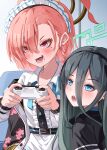  2girls :d absurdres ahoge aris_(blue_archive) black_hair black_nails blue_archive blue_eyes blush braid brown_halo center_frills collared_shirt commentary_request controller double-parted_bangs earrings eyelashes eyes_visible_through_hair fang frilled_shirt frills game_controller green_halo hair_between_eyes halo hands_up highres holding holding_controller holding_game_controller huge_ahoge id_card indoors jewelry long_hair long_hair_between_eyes looking_ahead mahoro_(minase_mahoro) maid maid_headdress mole mole_under_each_eye mole_under_eye multiple_girls multiple_moles nail_polish neru_(blue_archive) open_mouth orange_hair playing_games rectangular_halo red_eyes ringed_eyes shirt short_hair single_braid smile smirk straight_hair stud_earrings teeth tongue tsurime upper_body upper_teeth_only v-shaped_eyebrows white_shirt 
