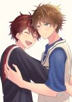  2boys absurdres blue_eyes brown_hair closed_eyes closed_mouth commentary_request crew_neck ensemble_stars! highres hug layered_clothes looking_at_another male_focus morisawa_chiaki multiple_boys open_mouth short_hair short_sleeves simple_background smile split_mouth takamine_midori teeth upper_body upper_teeth_only yaoi yellow_background yuki_suzume 