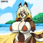 anthro beach big_breasts bikini bikini_thong bikini_top breasts clothing female hand_on_breast huge_breasts isabelle_(zh0r1k) island mammal procyonid raccoon sea shy solo swimwear thick_thighs two-piece_swimsuit water zh0r1k