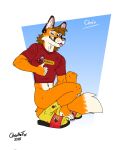 anthro bartek22 biedronka_(supermarket) blue_eyes brown_hair butt canid canine chris_the_fox_(bartek22) clothed clothing ear_piercing ears_up footwear fox fox_tail fur gesture hair hand_gesture hi_res looking_at_viewer male mammal mostly_nude navel navel_piercing orange_body orange_fur partially_clothed piercing shirt shoes slippers socks solo tail teeth thumbs_up tongue tongue_out topwear white_body white_fur