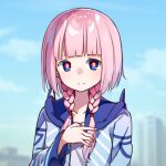  1girl blue_eyes blue_skirt blue_sky blunt_bangs buttons closed_mouth cloud cloudy_sky commentary day hand_on_own_chest jacket kaf_(kamitsubaki_studio) kamitsubaki_studio long_hair long_sleeves looking_at_viewer low_twintails multicolored_eyes pink_hair skirt sky smile solo symbol-only_commentary twintails virtual_youtuber zoirun 