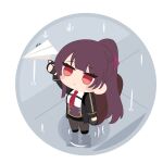  1girl absurdres black_pantyhose braid chibi corset elitesnakeeyes girls'_frontline girls'_frontline_2:_exilium hair_ribbon half_up_braid highres long_hair long_sleeves makiatto_(girls'_frontline_2) necktie pantyhose purple_corset purple_hair red_eyes red_necktie red_ribbon ribbon wa2000_(girls'_frontline) 