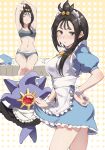  1girl alternate_costume apron arms_up black_hair blue_dress bra cube_hair_ornament dress enmaided frills grey_bra grey_eyes grey_panties hair_ornament highres jojobirdz lida_(pokemon) maid maid_apron maid_headdress mega_starmie panties pokemon pokemon_(creature) pokemon_legends:_z-a puffy_short_sleeves puffy_sleeves short_sleeves sitting skirt_hold starmie stretching thighs topknot underwear wrist_cuffs 