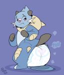 3_fingers ambiguous_gender anthro aqua_(innocentenough) artist_logo bandage bandage_on_face bandage_on_nose big_diaper blue_background blue_body blush blush_lines bubblepuppers clean_diaper clothed clothing cloud_emanata dewott diaper diaper_puff emanata fingers full-length_portrait generation_5_pokemon grey_ears grey_tail hi_res innocentenough logo looking_back nintendo onesie open_onesie orange_nose pokemon pokemon_(species) pokemon_onesie poof poof_effect portrait samurott simple_background solo standing tail wavy_mouth wearing_diaper whiskers white_whiskers