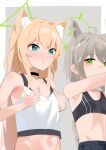  2girls :o absurdres ahoge alternate_costume animal_ear_fluff animal_ears aw999555 black_choker black_sports_bra blonde_hair blue_archive blush border breast_conscious breasts camisole choker collarbone commentary fox_ears fox_girl grabbing_own_breast green_halo grey_background grey_hair hair_between_eyes halo hands_up highres kurumi_(blue_archive) long_hair multiple_girls navel open_mouth otogi_(blue_archive) outside_border sidelocks simple_background small_breasts sports_bra two_side_up upper_body v-shaped_eyebrows very_long_hair white_border white_camisole 
