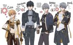  4boys absurdres aether_(genshin_impact) ahoge arm_armor arm_ribbon armor arrow_(symbol) baggy_pants belt black_belt black_coat black_gloves black_hair black_jacket black_pants black_shirt blonde_hair blue_eyes blue_jacket braid brown_gloves brown_pants brown_shirt buttons caelus_(honkai:_star_rail) closed_mouth clothes_writing coat collarbone collared_jacket company_connection cowboy_shot crossed_arms crossed_bangs crossover cup disposable_coffee_cup disposable_cup earrings english_commentary english_text fingerless_gloves flower genshin_impact gloves gold_trim grey_belt grey_hair grey_shirt hair_between_eyes hair_ornament hair_ribbon hand_in_pocket hand_on_own_hip highres holding holding_cup honkai:_star_rail honkai_(series) hood hooded_coat jacket jewelry lapels layered_sleeves long_hair long_sleeves looking_at_viewer low-braided_long_hair low-tied_long_hair male_focus male_rover_(wuthering_waves) mandarin_collar midriff mihoyo multiple_boys navel necklace open_clothes open_coat open_jacket pants pink_flower pnk_crow pocket ribbon rover_(wuthering_waves) scarf shirt short_over_long_sleeves short_sleeves shoulder_armor simple_background single_braid single_earring smile sparkle speech_bubble standing star_(symbol) t-shirt tassel teeth thigh_strap thumbs_up trailblazer_(honkai:_star_rail) two-sided_coat two-sided_fabric white_background white_ribbon white_scarf white_shirt wise_(zenless_zone_zero) wuthering_waves yellow_coat yellow_eyes zenless_zone_zero 