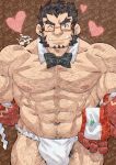  1boy abs arm_hair bara black_bow black_bowtie blush bow bowtie bulge colored_skin cowboy_shot detached_collar excessive_pubic_hair facial_hair forked_eyebrows fundoshi hachimaki headband heart highres incoming_gift japanese_clothes large_pectorals leg_hair looking_at_viewer male_focus mature_male muscular muscular_male mutton_chops navel navel_hair nejiri_hachimaki nipples one_eye_closed pectorals pubic_hair pubic_hair_peek red_skin sanpaku shirako_(kirupi) short_hair smile solo sparse_chest_hair standing stomach straight-on tajikarao_(housamo) thick_eyebrows thick_thighs thighs tokyo_afterschool_summoners too_many_watermarks topless_male tusks veins veiny_arms very_hairy watermark 