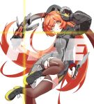  1girl 1other absurdres ahoge ammunition arm_up asymmetrical_gloves black_hat black_horns black_shoes brown_thighhighs commentary curled_horns dragon_girl dragon_horns dress english_commentary english_text fakeseal2 fingerless_gloves full_body gloves green_eyes gun hair_between_eyes hat highres holding holding_knife holding_weapon horns knife leg_up long_hair looking_at_viewer magus_(zenless_zone_zero) mechanical_horns mechanical_tail mismatched_gloves multicolored_shoes open_mouth orange_hair orange_pupils orphie_magnusson pointy_ears salute shoes simple_background single_fingerless_glove sparkle tail thighhighs weapon white_background yellow_gloves zenless_zone_zero zipper_dress 