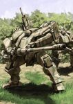  ammunition_box autocannon blue_sky camouflage cannon forest gun highres holding holding_cannon holding_gun holding_weapon mecha nature no_humans original outdoors rifle robot science_fiction sky tyokugekidato weapon woodland_camouflage 