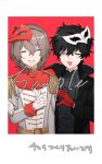  2boys akechi_gorou amamiya_ren anger_vein closed_eyes crow_(persona_5) grey_mask heart heart_hands heart_hands_failure joker_(persona_5) male_focus mask mask_on_head multiple_boys persona persona_5 picture_frame pointed_mask red_mask thumbs_up torihikittana yaoi 