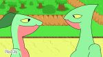 animated anthro bodily_fluids casual_loser digital_media_(artwork) duo female flipaclip_(artwork) game_freak generation_3_pokemon grass green_body grovyle head_tilt kissing larger_female leaf leaf_on_head male male/female nintendo plant pokemon pokemon_(species) red_body rock saliva saliva_on_tongue sand sceptile shrub side_view size_difference tongue tree watermark yellow_eyes