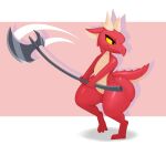 anthro armor axe big_butt butt digitigrade female flat_chested headgear helmet hi_res horn kobold nude otherthatguy scalie simple_background smile solo thick_thighs vetna weapon wide_hips yellow_sclera