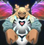 anthro antlers asriel_dreemurr_(god_form) black_sclera blonde_hair brown_body brown_fur claws deer deltarune female finger_claws fur glowing glowing_eyes hair hi_res horn lens_flare mammal new_world_deer noelle_holiday reindeer sk3tchk4t smile solo soul_(undertale) space undertale undertale_(series) wings