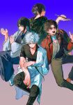  4boys bandage_over_one_eye black_hair black_kimono black_pants black_shirt blue_background blue_hakama blue_kimono brown_hair closed_mouth coat english_commentary gintama gradient_background grey_kimono hadanugi_dousa hakama hand_up highres holding holding_smoking_pipe ikaooi1 invisible_chair japanese_clothes katsura_kotarou kimono kiseru long_hair long_sleeves looking_at_viewer male_focus multiple_boys open_clothes open_coat open_mouth pants purple_background purple_hair red-tinted_eyewear red_coat round_eyewear sakamoto_tatsuma sakata_gintoki sandals shirt short_hair short_sleeves sitting smile smoking_pipe sunglasses tabi takasugi_shinsuke tinted_eyewear white_hair white_kimono wide_sleeves zouri 
