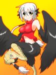  1girl amauchi armpits bird_legs bird_tail black_wings blush braid breasts commentary_request feathered_wings feathers gradient_background grey_hair harpy light_blush long_braid looking_at_viewer medium_breasts miu_(mon-musu_quest!) mon-musu_quest! mon-musu_quest:_paradox monster_girl navel no_bra orange_background partial_commentary red_shirt shirt short_hair single_braid sleeveless sleeveless_turtleneck smile solo tail talons taur turtleneck winged_arms wings yellow_background yellow_eyes 