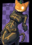 anthro big_breasts boots breasts checkered clothing domestic_cat felid feline felis female food footwear for_a_head fruit hi_res jumpsuit looking_at_viewer mammal object_head one_eye_closed plant pumpkin pumpkin_head rakurawr shoes smile smirk solo spice_(fortnite) wide_hips wink winking_at_viewer