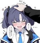  1boy 1girl :d black_jacket blue_archive blue_necktie blush check_translation closed_eyes collared_shirt hair_ornament happy headpat heart highres jacket jacket_partially_removed long_hair necktie purple_hair sensei_(blue_archive) shirt simple_background smile speech_bubble translation_request triangle_hair_ornament twintails white_background white_shirt yrn_c2o yuuka_(blue_archive) 