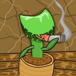 ambiguous_gender anthro cigar cigarette digital_media_(artwork) fan_character green_body green_skin humor meme plant plant_character plant_pot potted_plant simple_background slezion_(artist) smoke smoking smoking_cigar solo teeth