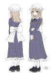  1girl black_ribbon black_shoes blonde_hair blue_dress blue_eyes bow closed_mouth dress dress_ribbon frills hair_between_eyes hat highres kashiwada_kiiho long_dress maribel_hearn medium_hair mob_cap multiple_views own_hands_together ribbon sash shoes signature simple_background socks solo touhou white_background white_bow white_hat 