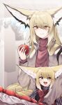  2girls absurdres animal_ear_fluff animal_ears apple arknights blonde_hair commentary dated_commentary food fox_ears fox_girl fox_tail fruit highres holding holding_food holding_fruit jacket mother_and_daughter multiple_girls samip smile suzuran_(arknights) tail vulpisfoglia_(arknights) 