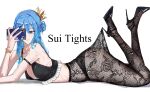  1girl absurdres arm_strap black_bra black_nails black_panties blue_eyes blue_hair bra bracelet cellphone commentary_request crown english_text full_body high_heels highres holding holding_phone hololive hoshimachi_suisei jewelry lace_pantyhose_hooked_on_heel_(meme) lying meme mini_crown on_stomach panties phone selfie simple_background smartphone solo star_(symbol) star_in_eye symbol_in_eye underwear virgo76612871 