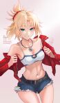  1girl bandeau belt blonde_hair blue_shorts braid breasts cleavage cutoffs denim denim_shorts fate/apocrypha fate/grand_order fate_(series) green_eyes grin highres jacket jewelry long_hair long_sleeves looking_at_viewer mordred_(fate) mordred_(memories_at_trifas)_(fate) navel necklace open_clothes open_jacket parted_bangs ponytail red_jacket shiro_font short_shorts shorts sidelocks small_breasts smile solo thighs 