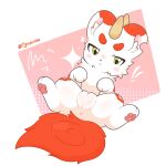 1:1 anus bixie_(fabulous_beasts) blush blush_lines clitoris crossgender exclamation_point fabulous_beasts female feral fluffy fluffy_tail fur genitals green_eyes half-closed_eyes hi_res horn looking_at_viewer narrowed_eyes neck_tuft pawpads plump_labia presenting presenting_vulva red_body red_fur signature solo tail tuft vulva white_body zyuuniie