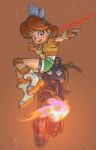  1girl artist_name bop_(2strokeserow) bow brown_background brown_hair earrings fingerless_gloves gloves green_shorts hair_bow highres jacket jewelry knee_pads long_hair looking_at_viewer mario_(series) mario_kart mario_kart_world motor_vehicle motorcycle orange_gloves orange_jacket princess_daisy princess_daisy_(touring) shoes shorts simple_background smile sneakers 