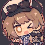  >_o 1girl artist_name black_background black_hat blue_scarf blue_shirt blush_stickers bright_pupils brown_eyes brown_hair character_doll chibi circle doll eyewear_on_headwear happy hat jacket long_sleeves looking_at_viewer medium_hair newsboy_cap one_eye_closed open_clothes open_jacket open_mouth outline polka_dot polka_dot_scarf puffy_long_sleeves puffy_sleeves red_jacket red_outline regulus_(reverse:1999) reverse:1999 scarf shirt sleeves_past_wrists smile solo sunglasses two-tone_hat upper_body v white_hat white_pupils xianyu_fish 
