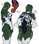  1girl abs animification breasts cleavage colored_skin green_hair highres large_breasts leotard long_hair looking_at_viewer marvel muscular muscular_female she-hulk simple_background smile spider-man spider-man_(series) superhero_costume symbiote t1tans90 thighs 