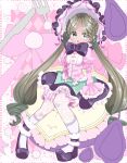  1girl :o ankle_cuffs aqua_eyes argyle_background black_bow bloomers blue_eyes blush bonnet bow bowtie braid brown_hair center_frills cup dress facial_mark food forehead_jewel forehead_mark fork frilled_dress frilled_skirt frills fruit full_body gothic_lolita green_eyes green_hair hamaguri_mafuyu heaven_burns_red highres juliet_sleeves knees_together_feet_apart knife lace lace-trimmed_skirt lace_trim lolita_fashion long_hair long_sleeves looking_at_viewer low_twintails macaron open_mouth oversized_food oversized_object pantyhose parted_bangs parted_lips personification pigeon-toed pink_background pink_bow pink_shirt plate puffy_sleeves purple_bow purple_bowtie purple_skirt raspberry shirt shoes sitting skirt sleeves_past_fingers sleeves_past_wrists socks solo spoon strawberry teacup twintails very_long_hair vritika_balakrishnan white_pantyhose white_socks 