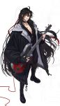  1boy ahoge alternate_costume black_boots black_choker black_coat black_gloves black_hair black_nails black_pants black_shirt boots cable choker coat collarbone contemporary electric_guitar english_commentary fingerless_gloves full_body ganen_cheese gloves grey_eyes grin guitar hair_between_eyes hair_down hair_ribbon half_updo highres holding holding_guitar holding_instrument instrument jewelry long_hair long_sleeves looking_at_viewer male_focus modao_zushi music nail_polish o-ring o-ring_choker official_alternate_hairstyle open_clothes open_coat pants parted_lips pectoral_cleavage pectorals playing_guitar playing_instrument red_ribbon ribbon shirt shoulder_belt sidelocks simple_background smile solo standing torn_clothes torn_pants very_long_hair wei_wuxian wei_wuxian_(yiling_laozu) white_background zipper 
