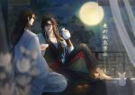  2boys absurdres ahoge alcohol alternate_hairstyle barefoot bishounen black_eyes black_hair black_hanfu black_rabbit_(animal) blurry blurry_foreground borrowed_clothes bottle cape chinese_clothes chinese_text closed_mouth cloud couple cup curtains english_commentary flower food full_moon ganen_cheese hair_down hair_ribbon hanfu highres holding holding_bottle holding_cup knee_up lan_wangji long_hair long_sleeves looking_at_another low-tied_long_hair male_focus mid-autumn_festival modao_zushi moon mooncake multiple_boys night night_sky on_floor open_mouth plate rabbit railing red_ribbon red_sash ribbon robe sash see-through_curtains sidelocks sitting sky smile tokkuri tree watermark wei_wuxian white_cape white_flower white_hanfu white_rabbit_(animal) white_ribbon wide_sleeves yaoi yellow_eyes 