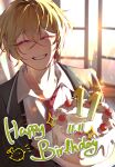  1boy birthday_cake bishounen black_suit blonde_hair cake candle closed_eyes coconut_2611 collared_shirt dated english_text food happy_birthday highres holding limbus_company looking_at_viewer male_focus necktie project_moon red_necktie shirt short_hair sinclair_(project_moon) smile solo suit suspenders upper_body white_shirt 