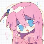  ! 1girl blue_eyes blush_stickers bocchi_the_rock! chinese_commentary commentary_request cube_hair_ornament eyelashes gotoh_hitori grid_background hair_between_eyes hair_ornament hands_up jacket long_hair long_sleeves nervous one_side_up open_mouth outline pink_hair puffy_long_sleeves puffy_sleeves sleeves_past_fingers sleeves_past_wrists smile solo sparkle spoken_exclamation_mark straight_hair track_jacket turn_pale turtleneck turtleneck_jacket upper_body white_background xianyu_fish yellow_outline zipper 