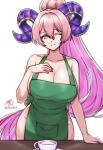  1girl ;) absurdly_long_hair apron back_bow bow breasts cleavage closed_mouth coffee collarbone commentary cowboy_shot english_commentary fire_emblem goat_horns gradient_eyes gradient_hair green_apron green_bow groin hair_between_eyes hair_intakes hand_on_own_chest hand_on_table high_ponytail highres horns huge_breasts iced_latte_with_breast_milk_(meme) long_hair meme multicolored_eyes multicolored_hair naked_apron nerthuz_(fire_emblem) one_eye_closed pink_hair ponytail purple_eyes purple_hair purple_horns rotomdocs signature simple_background smile solo twitter_username very_long_hair white_background yellow_eyes 
