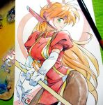  1girl agahari art_tools_in_frame breasts circlet closed_mouth commentary_request cowboy_shot dress elbow_gloves gloves green_eyes heart helmet holding holding_mahjong_tile idol_janshi_suchie-pai long_hair looking_at_viewer looking_to_the_side mahjong_tile mandarin_collar medium_breasts misaki_kyouko_(suchie-pai) orange_hair painting_(medium) pantyhose pelvic_curtain photo_(medium) puffy_short_sleeves puffy_sleeves red_dress short_sleeves sideways_glance smile solo standing suchie-pai tight_clothes tight_dress traditional_media turning_head very_long_hair white_gloves wide_hips 