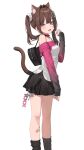 1girl :3 absurdres animal_ear_fluff animal_ears bag bandaid bandaid_on_leg black_skirt black_sleeves black_socks blush breasts brown_hair cat_ears cat_girl cat_tail choker collarbone commentary cowboy_shot gradient_sleeves hair_intakes hair_ornament hairclip hamunezuko_(nezukonezu32) handbag heart-shaped_bag highres looking_at_viewer miniskirt multicolored_shirt off-shoulder_shirt off_shoulder open_mouth original paw_pose pink_eyes pink_nails pink_shirt pink_sleeves pleated_skirt red_choker red_eyes shirt simple_background skirt small_breasts smile socks solo star_(symbol) star_hair_ornament tail twintails white_background white_shirt 