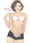  1girl arm_behind_back bikini bikini_top_only black_shorts bow bow_panties breasts brown_eyes brown_hair carina_(xiaowoo) character_name cleavage collarbone commentary_request earrings flower hair_flower hair_ornament highres jewelry kishi_mieko navel onna_shunin_kishi_mieko open_fly open_mouth panties panty_peek pendant short_hair short_shorts shorts simple_background solo standing swimsuit teeth underwear white_background 