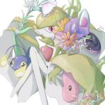  artist_name blue_skin bob_cut chinchou colored_skin finneon flower gardevoir green_hair green_skin highres ktbr_2 luvdisc multicolored_skin pink_eyes pink_skin pokemon pokemon_(creature) signature two-tone_skin white_background white_skin 