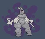 1_eye big_breasts big_hands blush blush_lines breasts dusclops eyelashes eyeshadow female front_view generation_3_pokemon grey_background grey_body hand_on_hip humanoid looking_at_viewer makeup navel nintendo pokemon pokemon_(species) purple_eyeshadow red_eyes simple_background solo squablodecomplash thick_thighs wide_hips