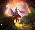 2023 ambiguous_gender arcane_tinmen autumn blue_body blue_eyes blue_feathers canid canine day detailed_background digital_media_(artwork) dragon dragon_shield feathered_wings feathers feral forest fox fungus fur grass hi_res horn hybrid mammal mythological_creature mythological_scalie mythology open_mouth outside petrinda_wiyugo plant red_body red_fur scalie solo tree tree_stump wings