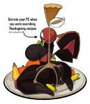1_eye alpha_channel anthro armless arrow_pointing_to_face artist_name big_breasts big_butt bodily_fluids breasts butt clothing corn cosplay digital_creature disembodied_tail eggplant english_text female fluid_on_butt food fozuna fruit full-length_portrait geometric glossy_body gravy hi_res holidays huge_butt humanoid light_blush liquid_on_butt long_tongue looking_at_viewer looking_back looking_back_at_viewer neoblik_(needlemond) plant plate portrait pumpkin red_body red_skin simple_background sitting solo sweat text thanksgiving tight_clothing tongue tongue_out transparent_background turkey_tail virus