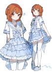  1boy 50-nin_craft absurdres arms_at_sides arms_behind_back back_bow blue_bow blue_choker blue_ribbon blue_sailor_collar blue_shoes blue_skirt blush bow choker closed_mouth collarbone crossdressing crossdressing_(mtf) double-parted_bangs frilled_sailor_collar frilled_shirt frilled_skirt frilled_sleeves frills hair_bow hair_ornament hairclip heart highres looking_at_viewer male_focus multiple_views omochi_art753 open_mouth orange_eyes orange_hair raised_eyebrows raised_inner_eyebrows ribbon ribbon-trimmed_shirt ribbon-trimmed_skirt ribbon_trim sailor_collar sailor_shirt shirt shoes short_hair short_sleeves sidelocks simple_background skirt smile solo standing straight_hair striped_clothes striped_skirt striped_sleeves thighhighs thighs trap two_side_up wadrud_(youtuber) white_bow white_shirt white_thighhighs zettai_ryouiki 