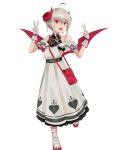  1girl ahoge ankle_lace-up arm_strap bag bare_shoulders belt belt_collar blush broken_heart_print collar colored_tips cross cross_print curled_horns demon_girl demon_horns demon_wings double_v dress dyed_ahoge fangs frilled_dress frills full_body gloves grey_hair hair_between_eyes handbag hands_up heart heart_print highres horns long_dress looking_at_viewer makaino_ririmu makaino_ririmu_(1st_costume) multicolored_hair nijisanji no_socks off-shoulder_dress off_shoulder open_mouth pixie_cut pointy_ears red_bag red_collar red_eyes red_horns red_shoes red_streaks red_wings shirt_under_dress shoes short_hair shoulder_bag sidelocks simple_background smile solo sorazee12 standing standing_on_one_leg streaked_hair undershirt v virtual_youtuber white_background white_dress white_gloves white_shoes wings wrist_belt 
